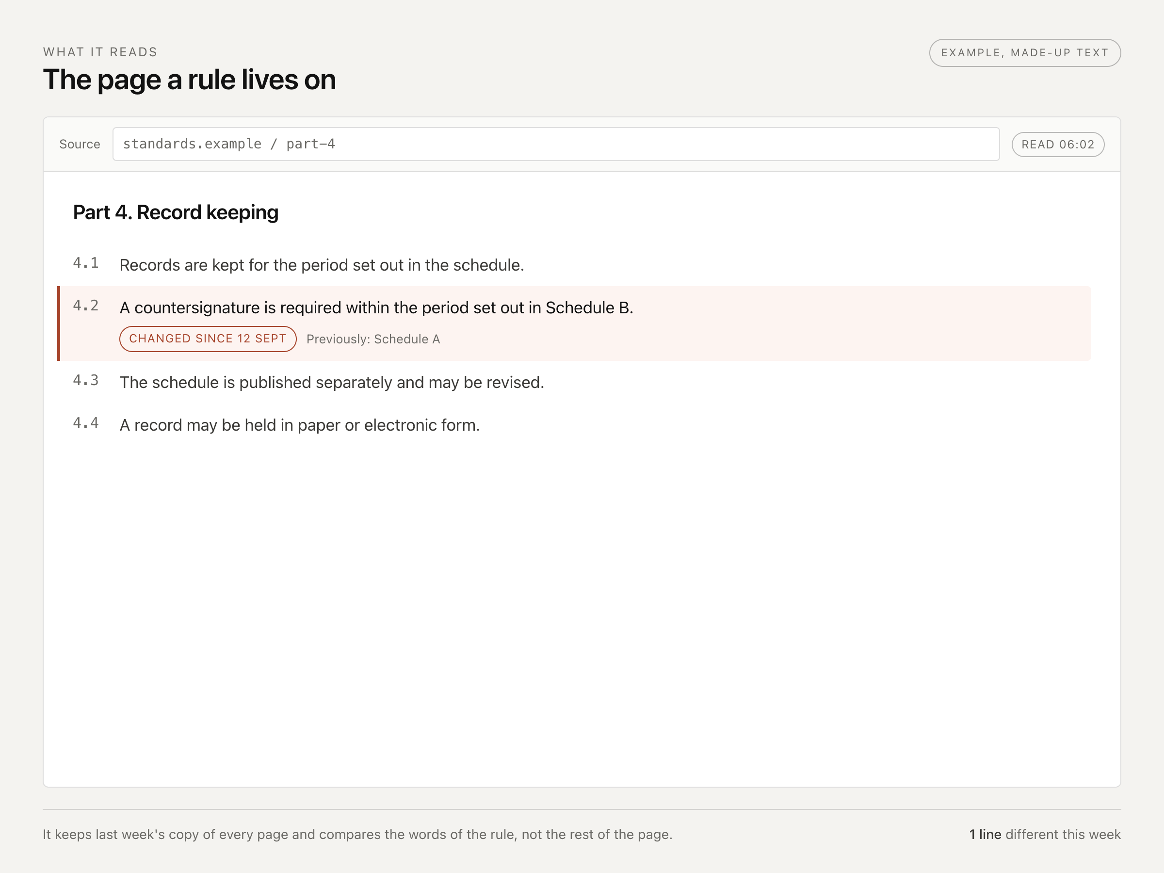 A rule page with one clause marked as changed since September, and the source address it was read from.